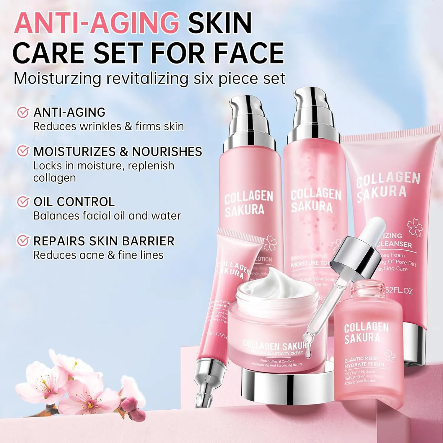 Sakura Skin Care Set for Teen Girls, Cherry Blossom Skincare Gift Set for Teens & Women, Moisturize & Repair Skin, 6 Pcs Collagen Skin Care Kits with Cleanser, Toner, Lotion, Serum, Cream & Eye Cream