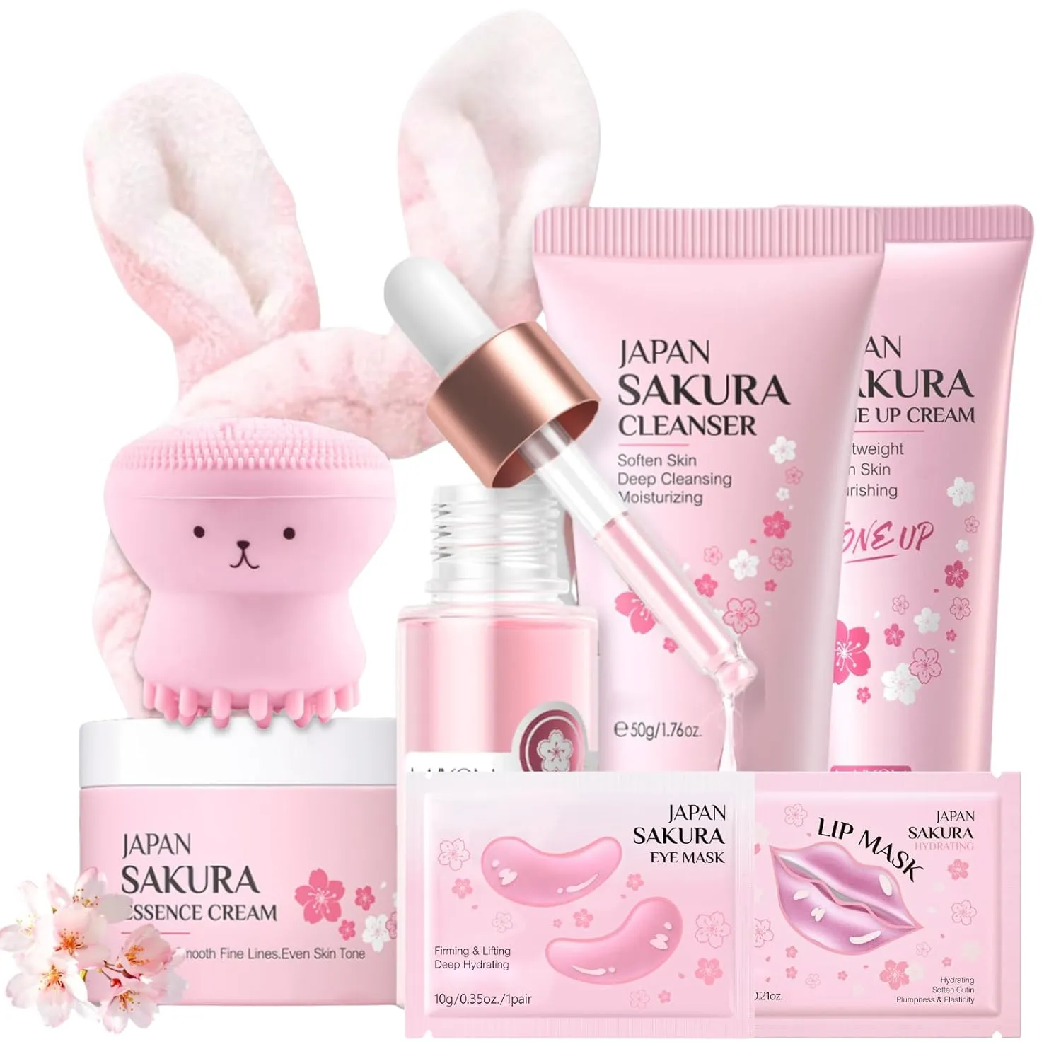Sakura Skincare Set Mothers Day Gift - Skin Care Set Travel Size - Skincare for Girls 10-12 Hydrating - Birthday Gift Set face kit with Cleanser,Serum,Cream,Toner Up Cream,Eye & Lip Mask,8PCS