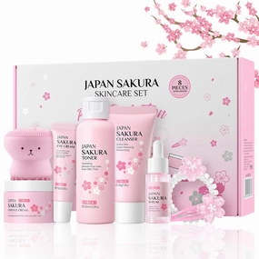 Sakura Skincare Set Facial Kit - Skin Care Gift Set for Girls/Women's, Facial Skin Care Sets & Kits with Beauty Gift Box, Japanese Skin Care Products Hydrating&Anti-Aging Skin - TSA-Friendly 8Pcs