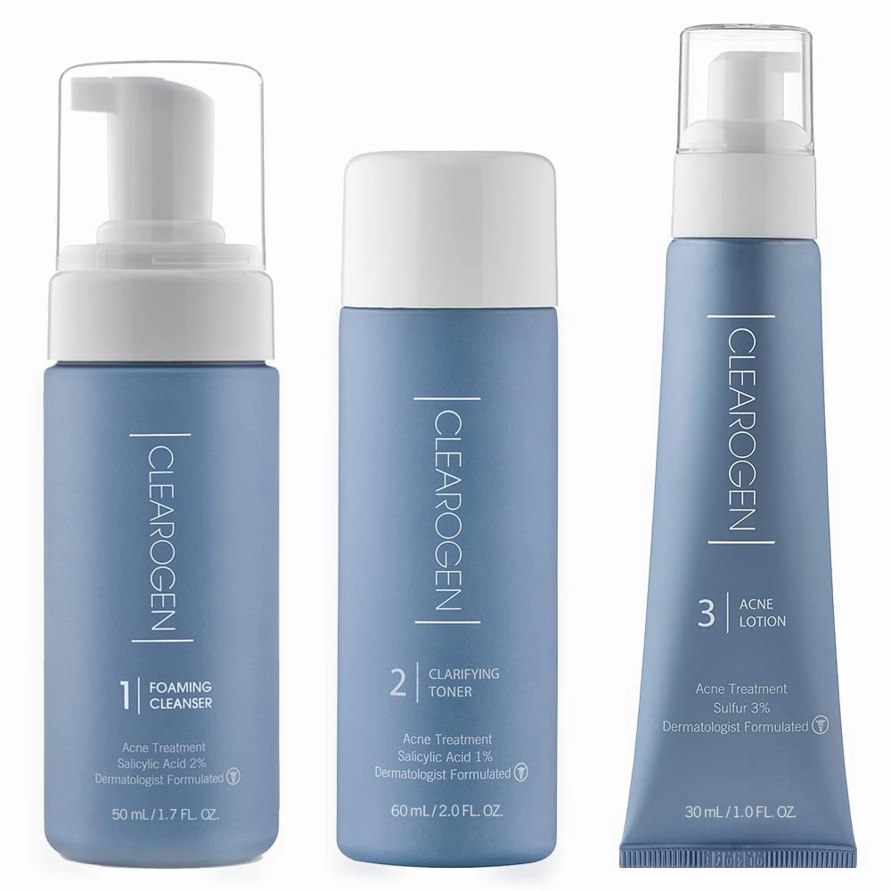 Sensitive Skin Acne Treatment Set with Sulfur Lotion, Foaming Cleanser, Clarifying Toner, Kit for Hormonal Acne & Blemishes, 1-Month Senstive Skin Kit