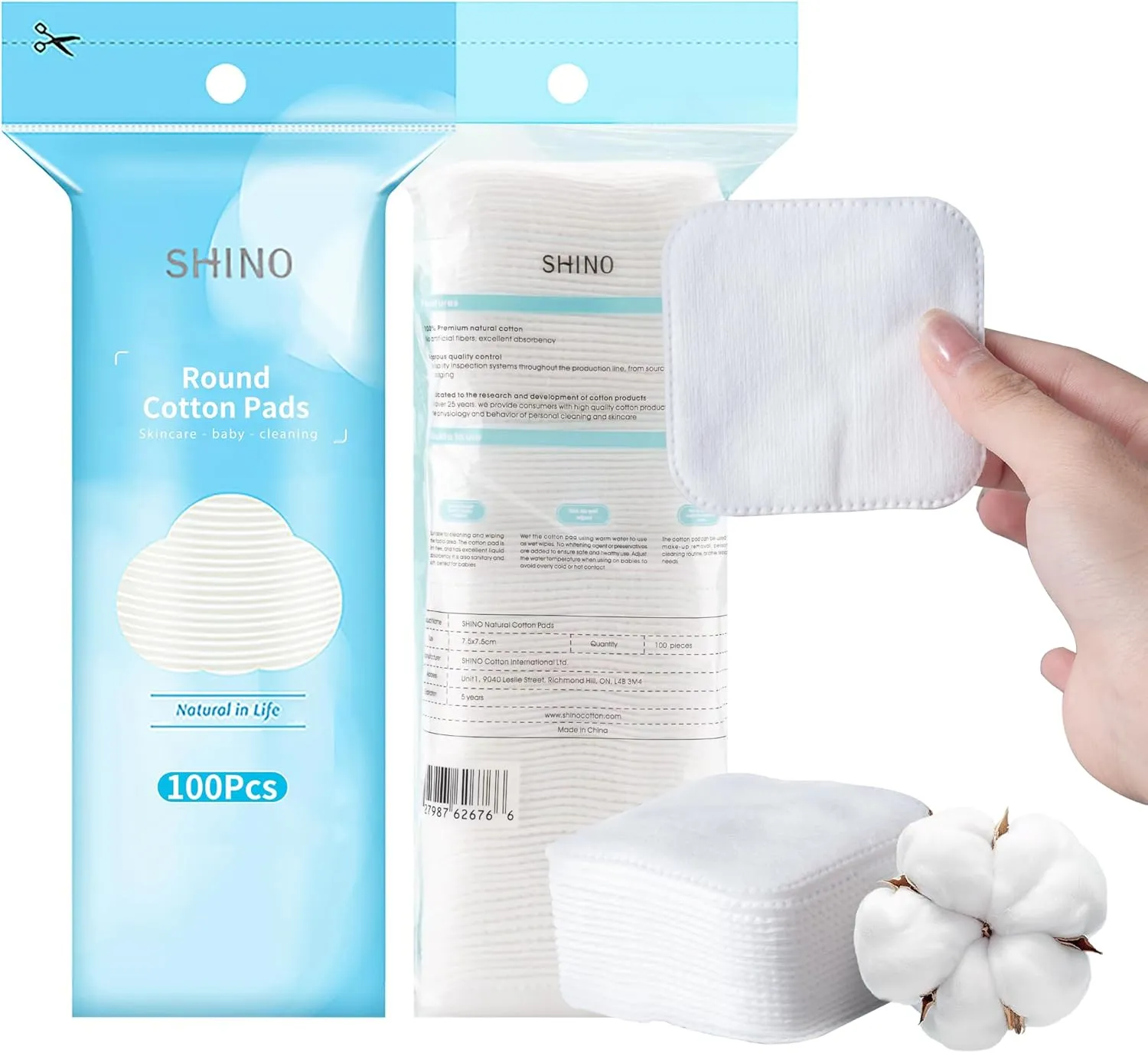 SHINO Natural Square Cotton Pads, Biodegradable Pads, Makeup Remover Pads for Sensitive Skin - Beauty, Personal Care, Baby Care & Daily Cosmetics (3 Pack)