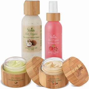 Shir-Organic 4 Pack for Normal to Dry Skin - Coconut Oatmeal Cleanser, Pomegranate Toner & Apricot Moisturizer & AHA Treatment Scrub