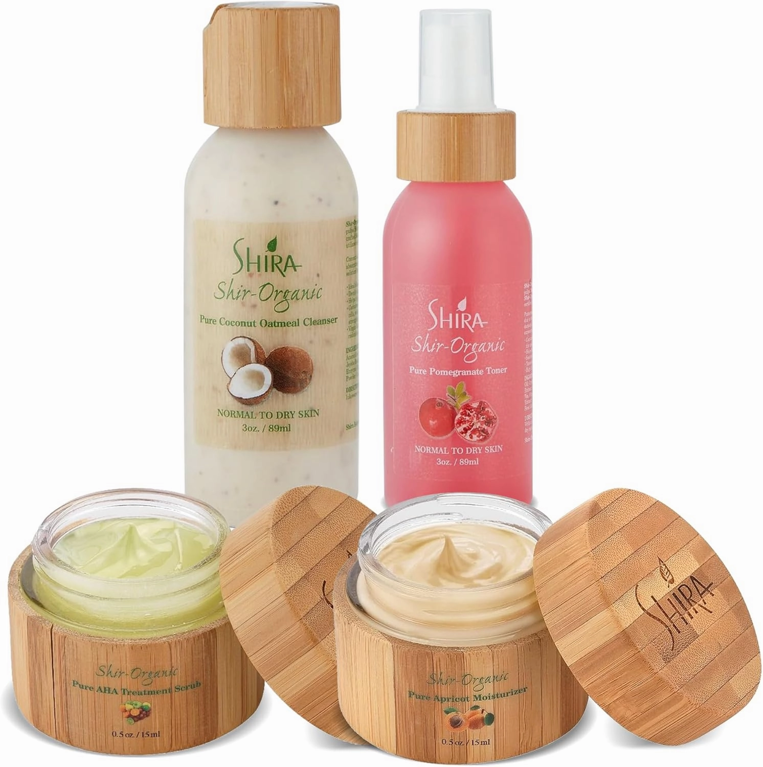 Shir-Organic 4 Pack for Normal to Dry Skin - Coconut Oatmeal Cleanser, Pomegranate Toner & Apricot Moisturizer & AHA Treatment Scrub