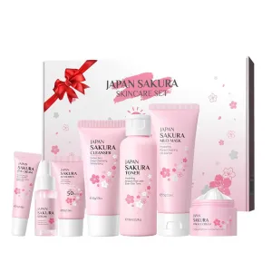 Skin Care Sets for Teenage Girls, Sakura Skin Care Sets & Kits Women Beauty Gift Set with Cleanser, Mud Mask, Toner, Serum, Eye Cream, Facial Cream, and Sunscreen, Birthday Gift for Women and Girls