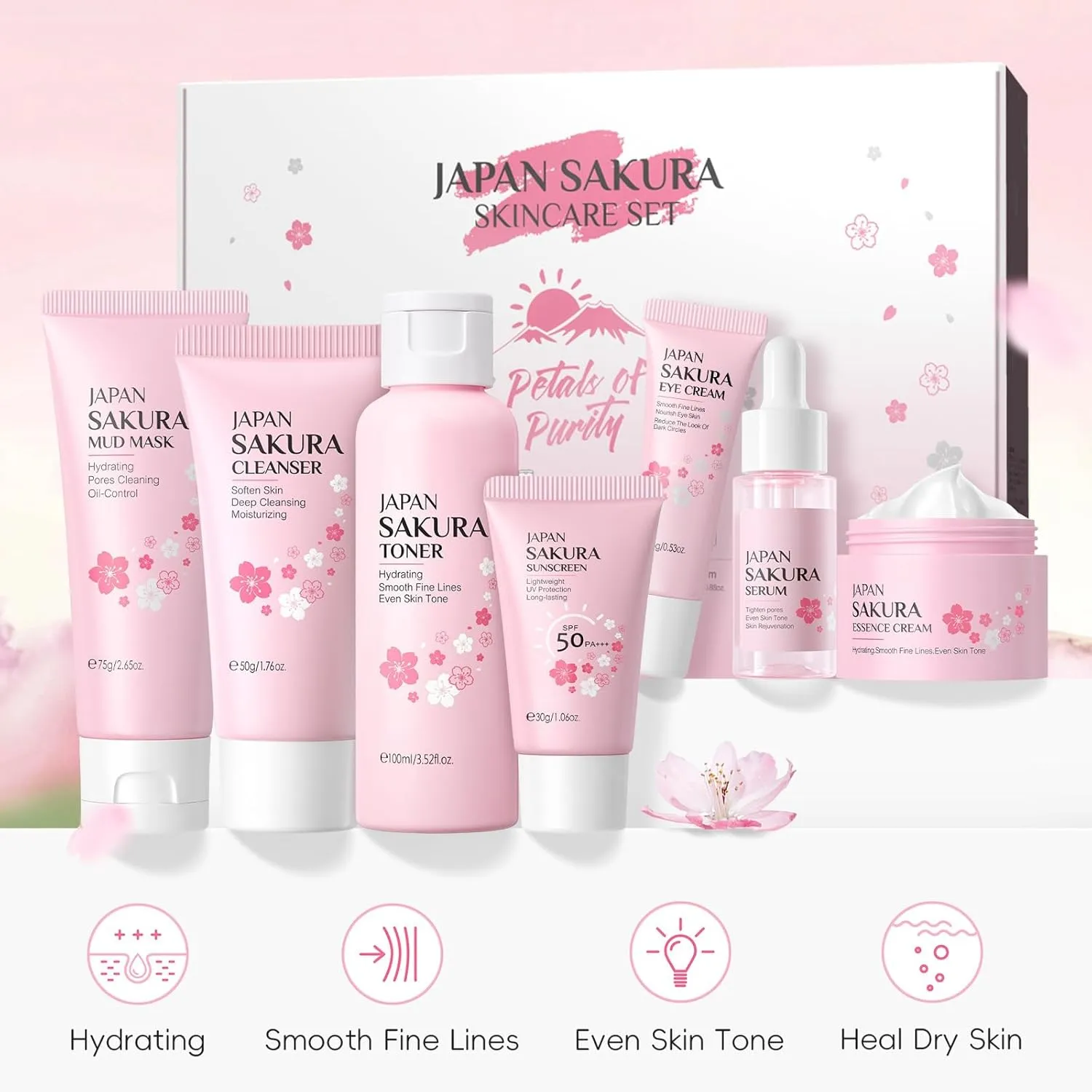 Skin Care Sets for Teenage Girls, Sakura Skin Care Sets & Kits Women Beauty Gift Set with Cleanser, Mud Mask, Toner, Serum, Eye Cream, Facial Cream, and Sunscreen, Birthday Gift for Women and Girls
