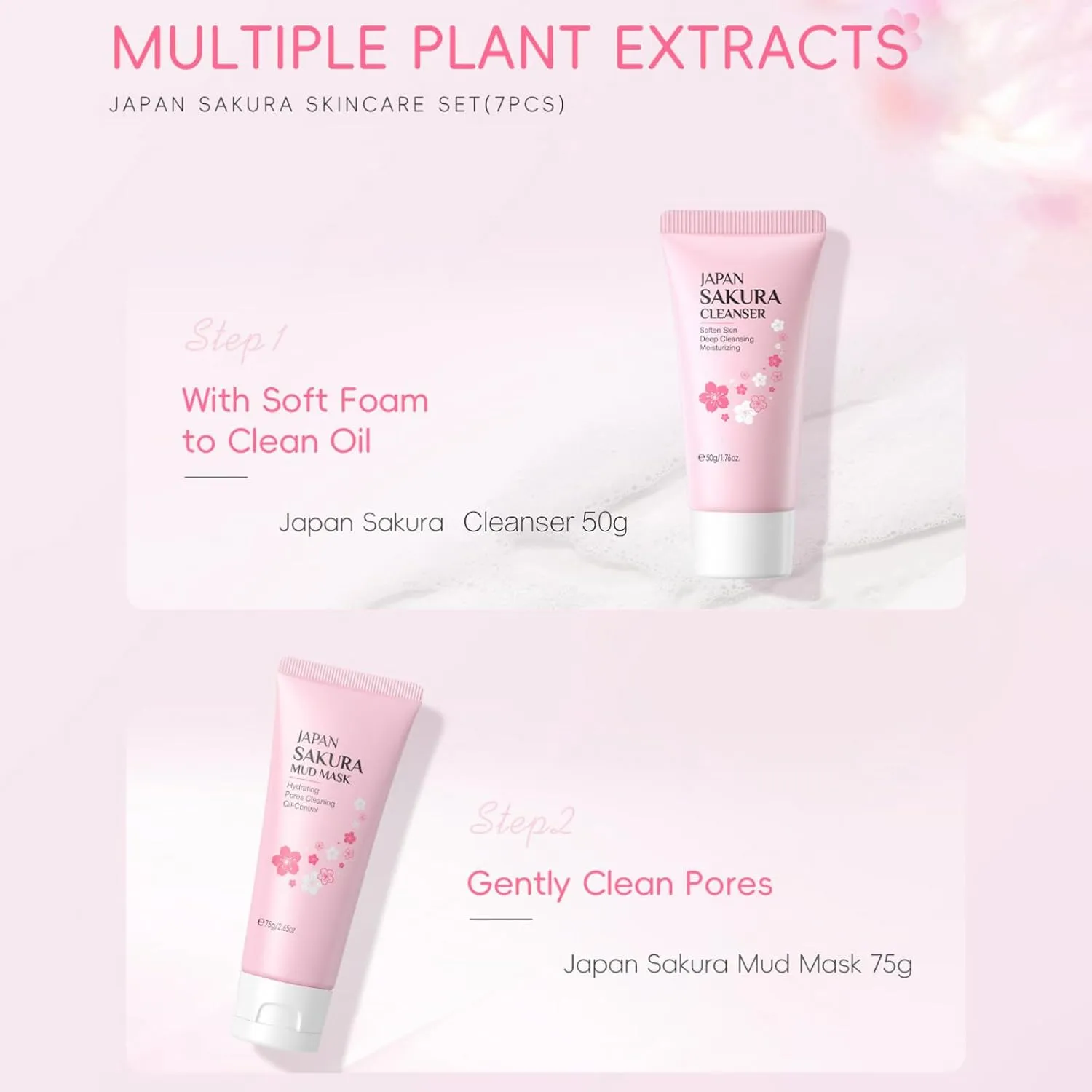 Skin Care Sets for Teenage Girls, Sakura Skin Care Sets & Kits Women Beauty Gift Set with Cleanser, Mud Mask, Toner, Serum, Eye Cream, Facial Cream, and Sunscreen, Birthday Gift for Women and Girls
