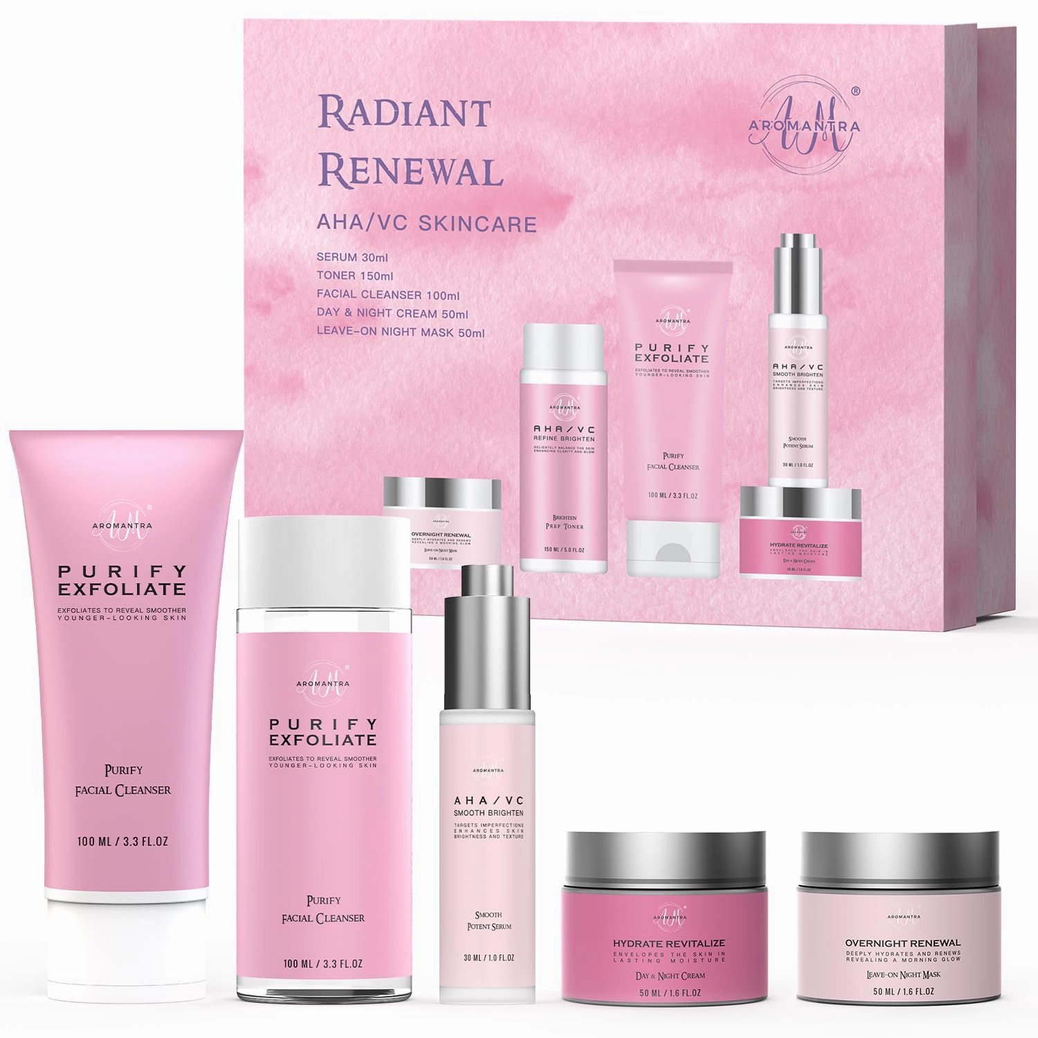 Skin Care Set, AHA Vitamin C Skincare Routine Kit, 5 in 1 Facial Skin Care Essential for Daily Hydrating w/Cleanser, Toner, Serum, Moisturizer, and Mask, Gifts For Women and Teenage Girls
