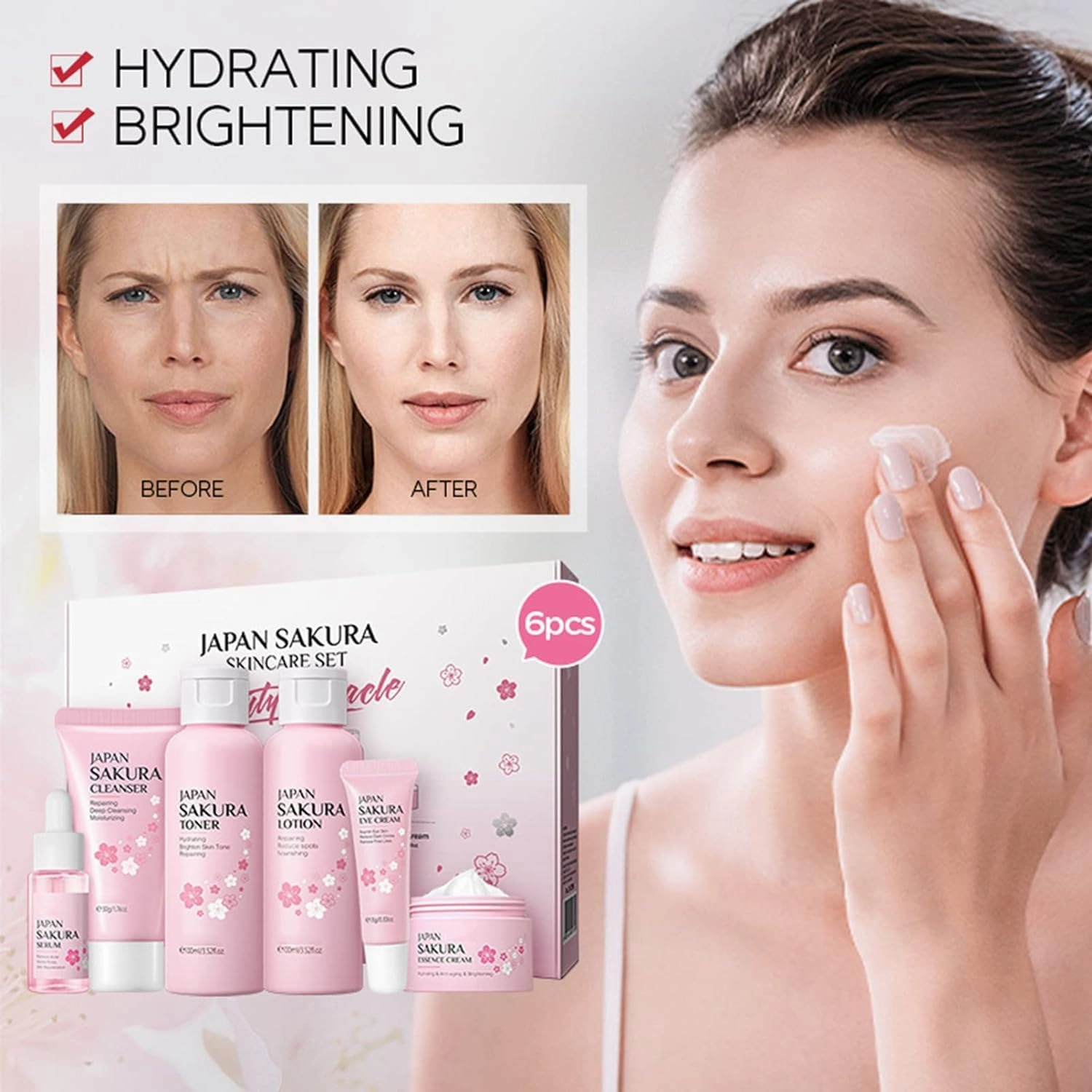 Skin Daily Skincare Set,Gentle Korean Skin Care Set,Skin Care Routine Kit for Women Gift Sets Includes Cleanser,Toner,Lotion,Serum,Eye Serum,Essence Cream Sakura Beauty Products (SetA)