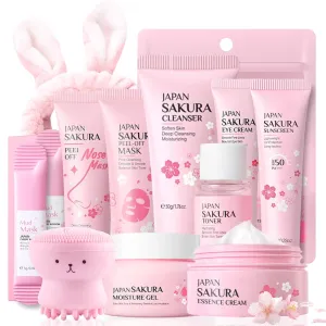 Skincare Kit Sakura Teen Girls Gifts - Skin Care Set Travel Size Toiletries - Sakura Skin Care for Teens 10-12 Hydrating - Teen Facial Kit Gift Set for Women with Bunny Headband（12PCS）