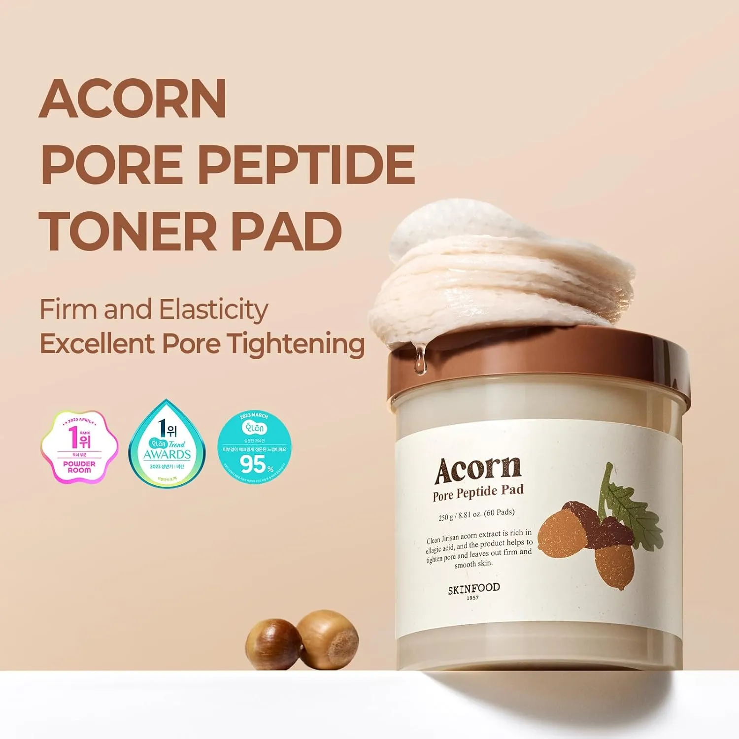 SKINFOOD Acorn Pore Peptide Toner Pad, Korean Skincare Facial Toner, Pore Tightening, Elasticity, Skin Texture Improvement, Firming Up Sagging Skin 8.81 oz (60 Pads)