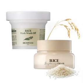SKINFOOD Rice Brightening Cream(2 fl.oz) & Mask Wask Off(3.5oz), Korean Skin Care Face Moisturizer for Glow Glass Skin, Gently Exfoliating, Fermented Rice Water Milk, Replenishing, Deep Hydrating