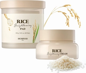 SKINFOOD Rice Daily Brightening Skincare Set – Korean Face Toner Pads & Hydrating Cream for Glowing Glass Skin, Natural Fermented Rice Water, Gentle Exfoliation & Deep Moisture, Vegan K-Beauty Duo