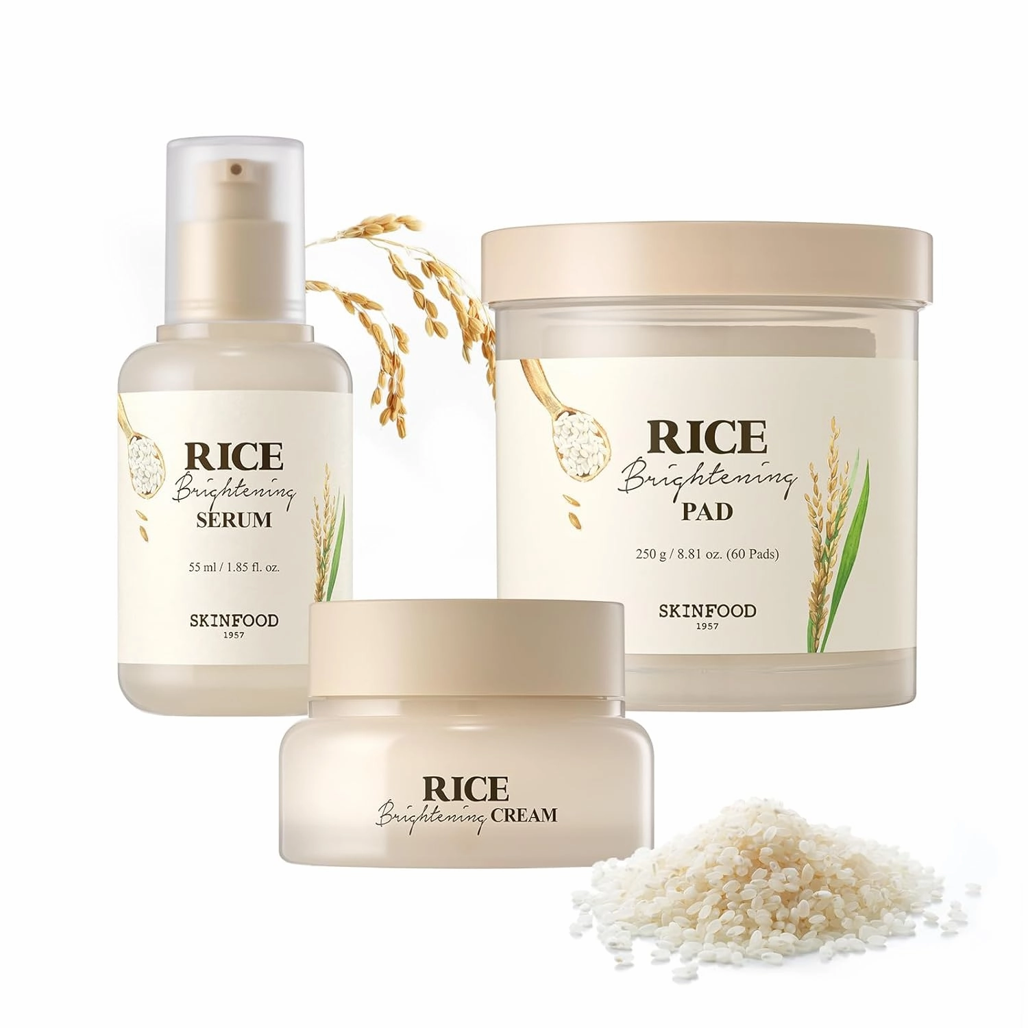 SKINFOOD Rice Skincare Set – Brightening & Hydrating Trio with Rice Daily Toner Pads, Rice Serum, and Rice Cream for Smooth, Glowing Skin