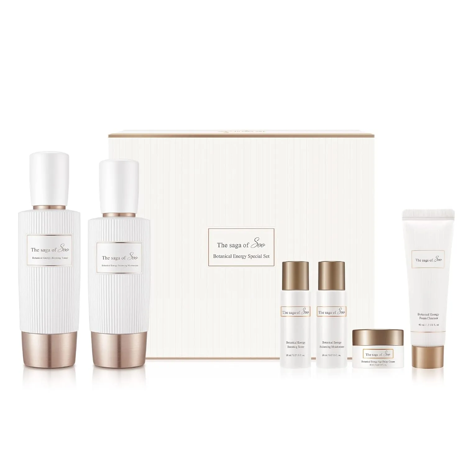Sooryehan THE SAGA OF SOO BOTANICAL ENERGY (360 ml / 12.17 Fl Oz) - Korean Skincare Gift Set by LG BEAUTY. Botanical Energy Boosting Toner, Balancing Moisturizer, Cream, Foam Cleanser.