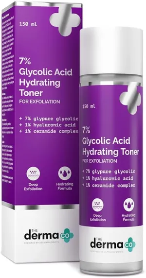The Derma Co 7% Glycolic Acid Hydrating Toner Hyaluronic Acid & Ceramide Complex Skin Multi-Purpose Exfoliating Toner for Face,Body, Underarms & Scalp Lotion I 150Ml