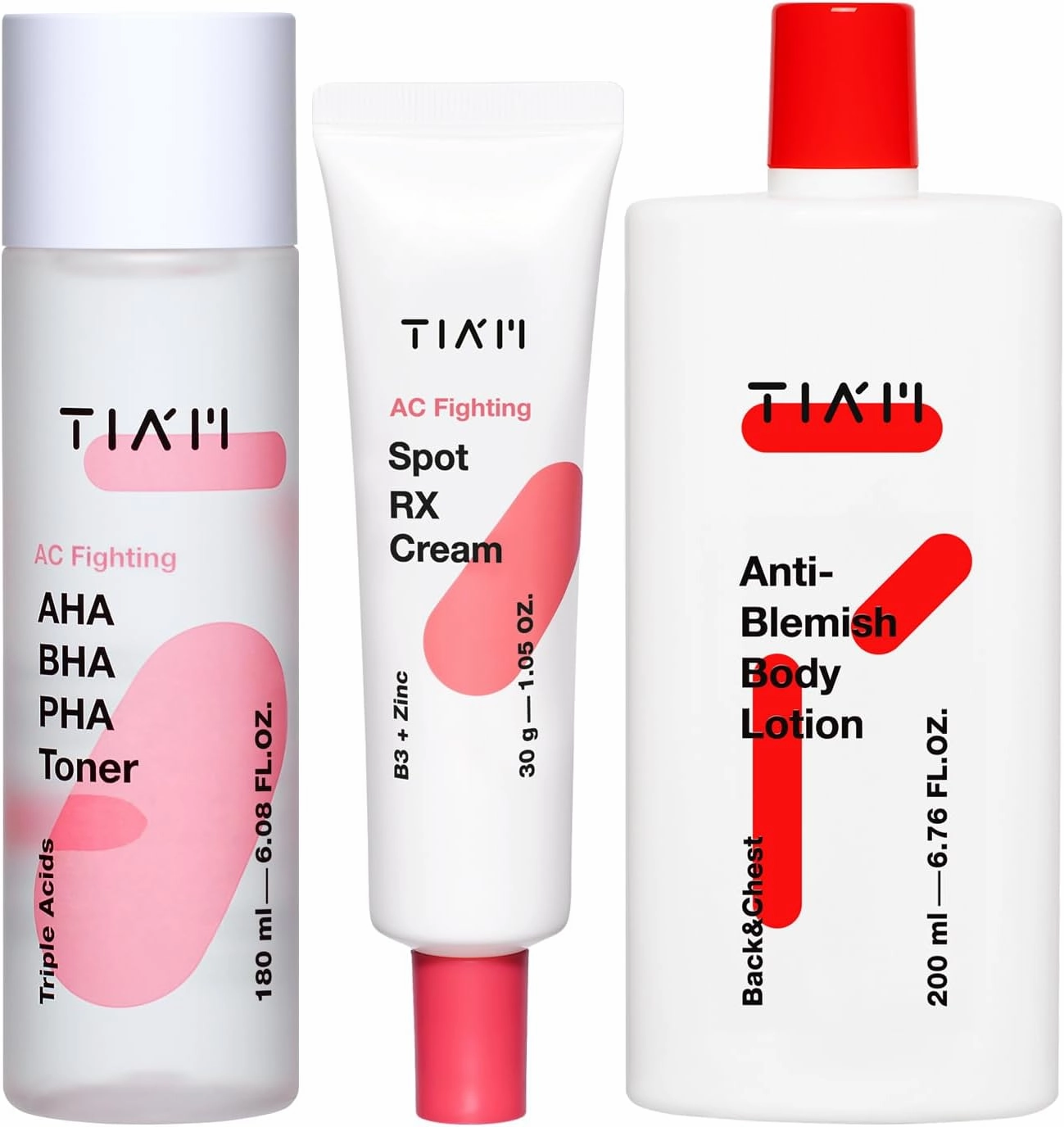 TIA'M Skin Balance Trio: AC Fighting AHA BHA PHA Toner, AC Fighting Spot RX Cream, Anti-Blemish Body Lotion for Smooth and Balanced Skin, Korean Skin Care Set