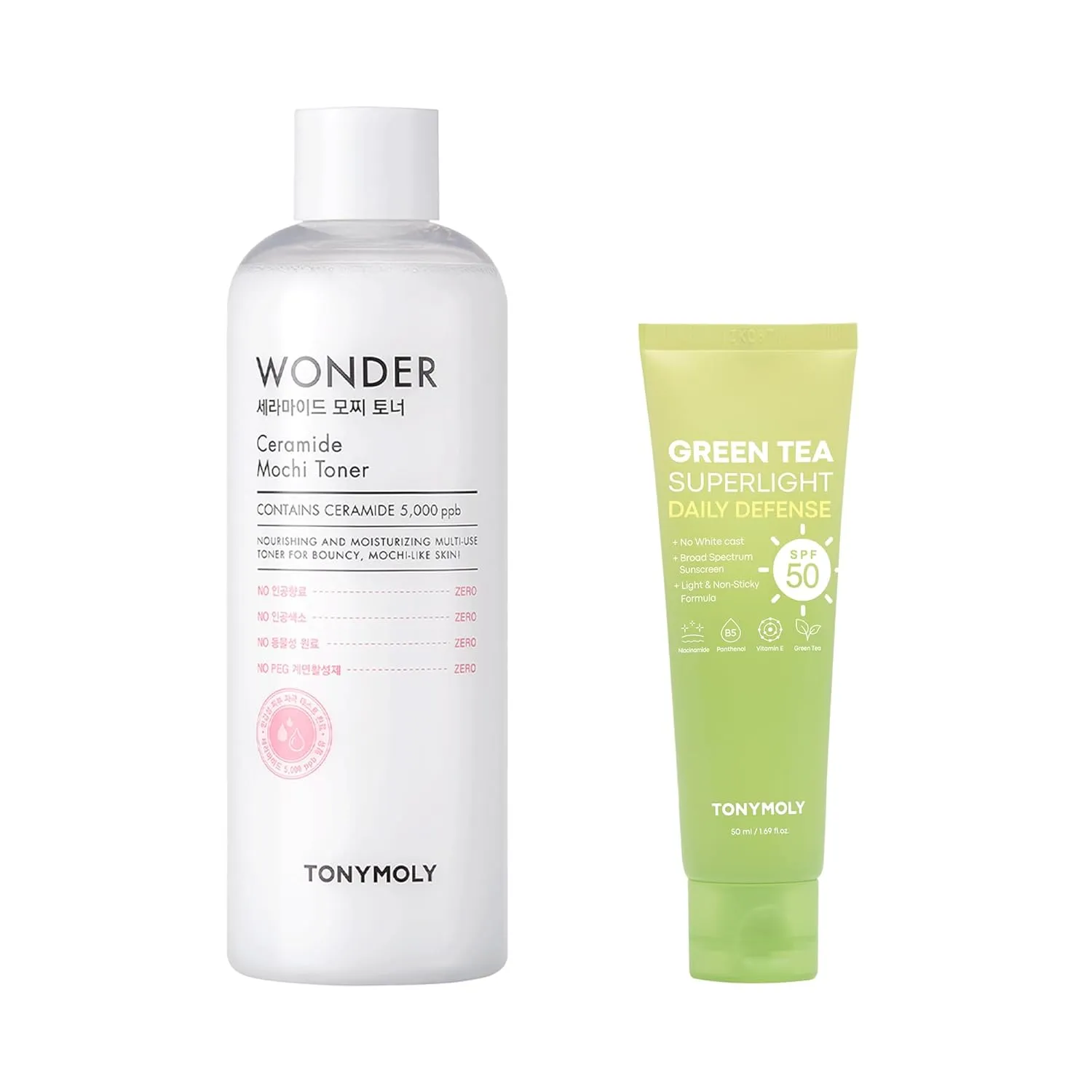 TONYMOLY Green Tea SPF 50 Sunscreen and 16.9 oz Wonder Ceramide Mochi Toner Skincare Bundle