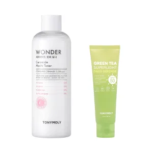 TONYMOLY Green Tea SPF 50 Sunscreen and 16.9 oz Wonder Ceramide Mochi Toner Skincare Bundle