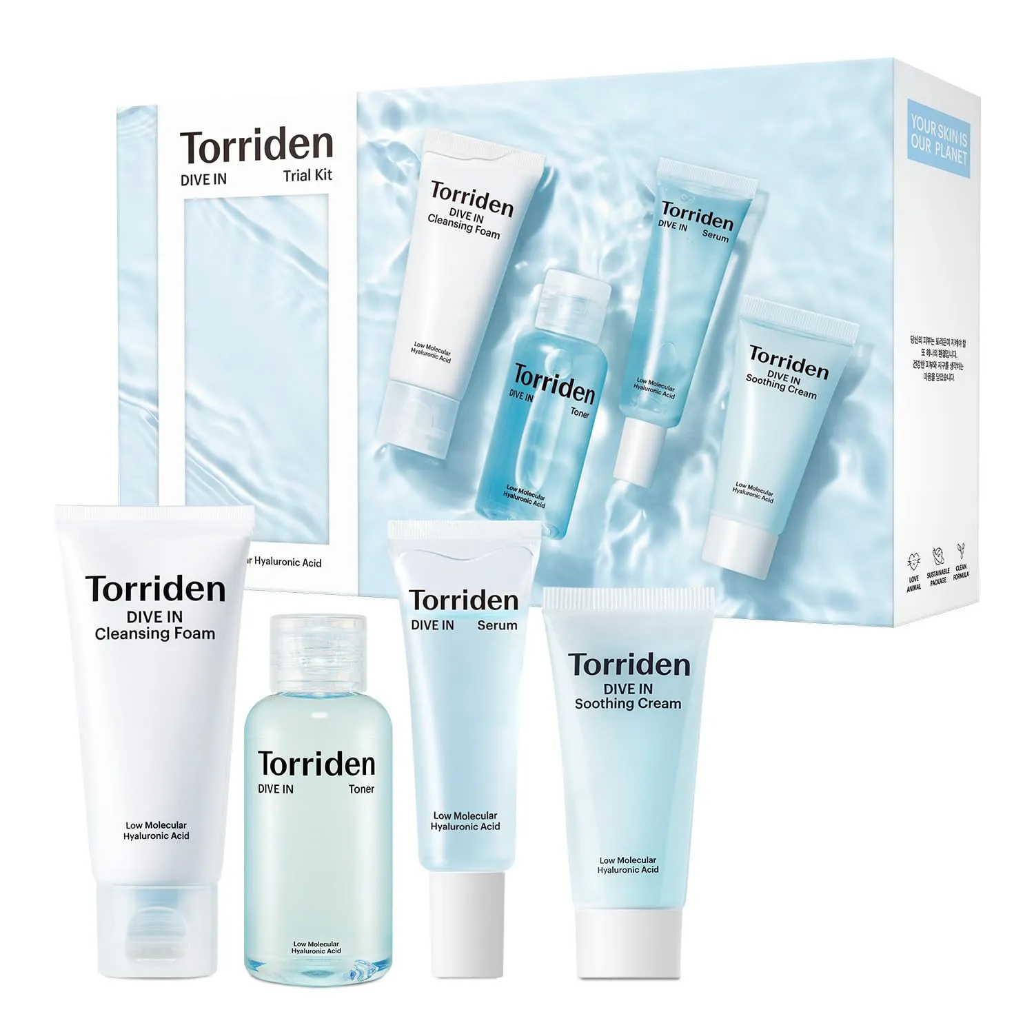 Torriden DIVE IN Trial Kit | Hyaluronic Acid Infused Daily Skincare Kit - 4 Step Regimen with Foam Cleanser, Facial Toner, Serum, and Cream | Korean Skin Care Set
