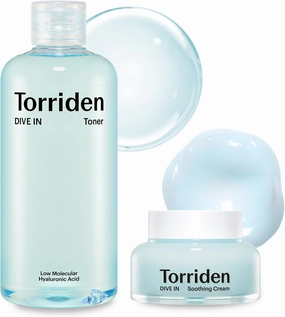 TORRIDEN Dive-in Low-Molecular Hyaluronic Acid Toner, 10.14 fl oz   Soothing Cream 3.38 fl oz | Vegan Clean Cruelty Free Facial Ampoule Moisturizer Astringent Alcohol-Free Fragrance-Free