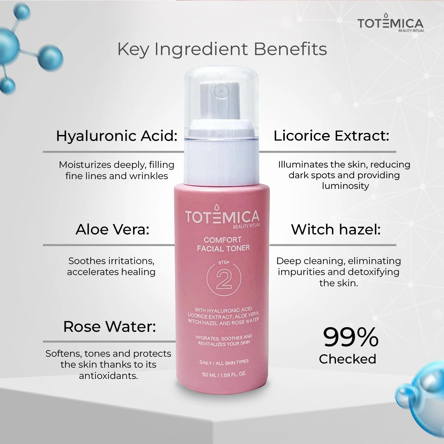 TOTEMICA Toner for Face with Hyaluronic Acid & Rose Water, Alcohol-Free, Hydrating Toner, Soothing & Refreshing Mist, Astringent for Face, Vegan & Cruelty-Free (1.69 Fl Oz)