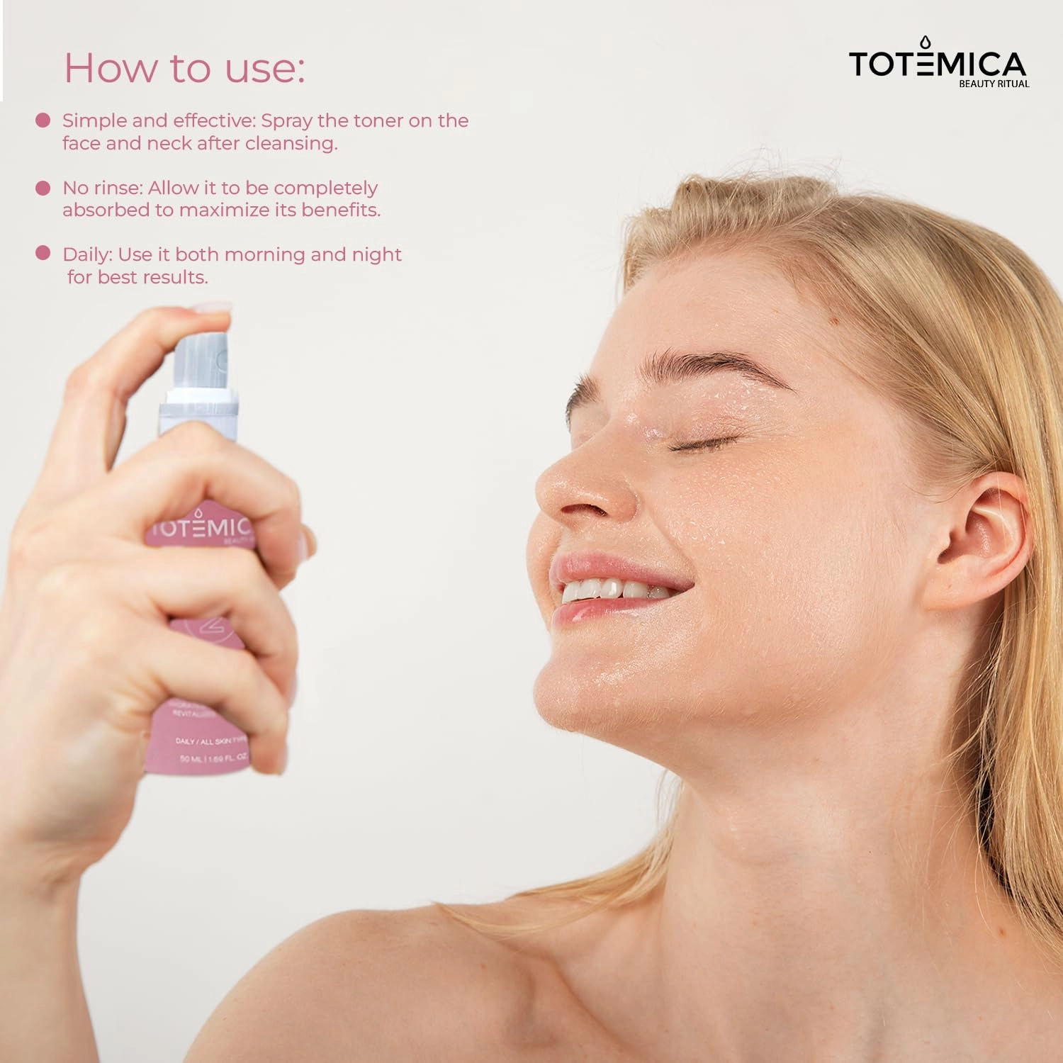 TOTEMICA Toner for Face with Hyaluronic Acid & Rose Water, Alcohol-Free, Hydrating Toner, Soothing & Refreshing Mist, Astringent for Face, Vegan & Cruelty-Free (1.69 Fl Oz)
