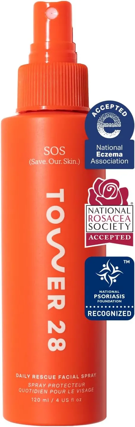 Tower 28 SOS Daily Rescue Facial Spray for Sensitive Skin, Hypochlorous Acid Spray Helps Reduce Redness and Breakouts, Full Size Toner for Face, 4 FL Oz
