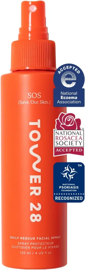 Tower 28 SOS Daily Rescue Facial Spray for Sensitive Skin, Hypochlorous Acid Spray Helps Reduce Redness and Breakouts, Full Size Toner for Face, 4 FL Oz