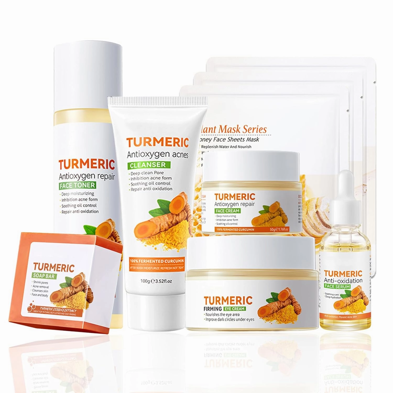 Turmeric Skin Care Set,9 Pcs Turmeric Skin Care Kit with 3 Honey Sheet Masks,Turmeric Soap Bar,Face Wash,Toner,Face Serum,Face Moisturizer Cream,Eye Cream