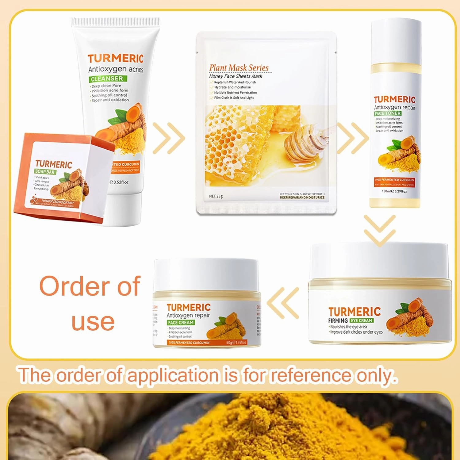 Turmeric Skin Care Set,9 Pcs Turmeric Skin Care Kit with 3 Honey Sheet Masks,Turmeric Soap Bar,Face Wash,Toner,Face Serum,Face Moisturizer Cream,Eye Cream