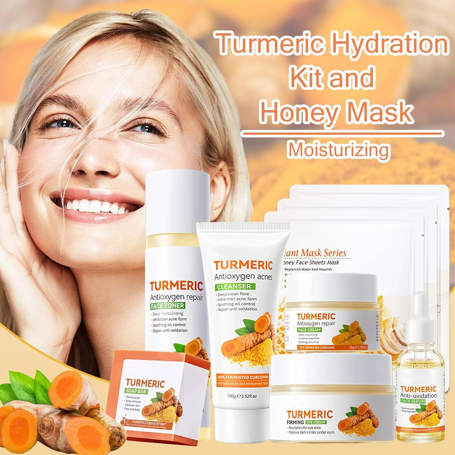 Turmeric Skin Care Set,9 Pcs Turmeric Skin Care Kit with 3 Honey Sheet Masks,Turmeric Soap Bar,Face Wash,Toner,Face Serum,Face Moisturizer Cream,Eye Cream