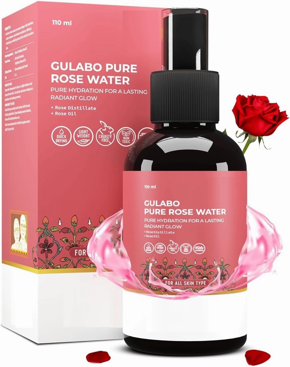 TV Gulabo Premium Rose Water | Skin, Face and Hair Toner | for All Skin Types | 110 ml