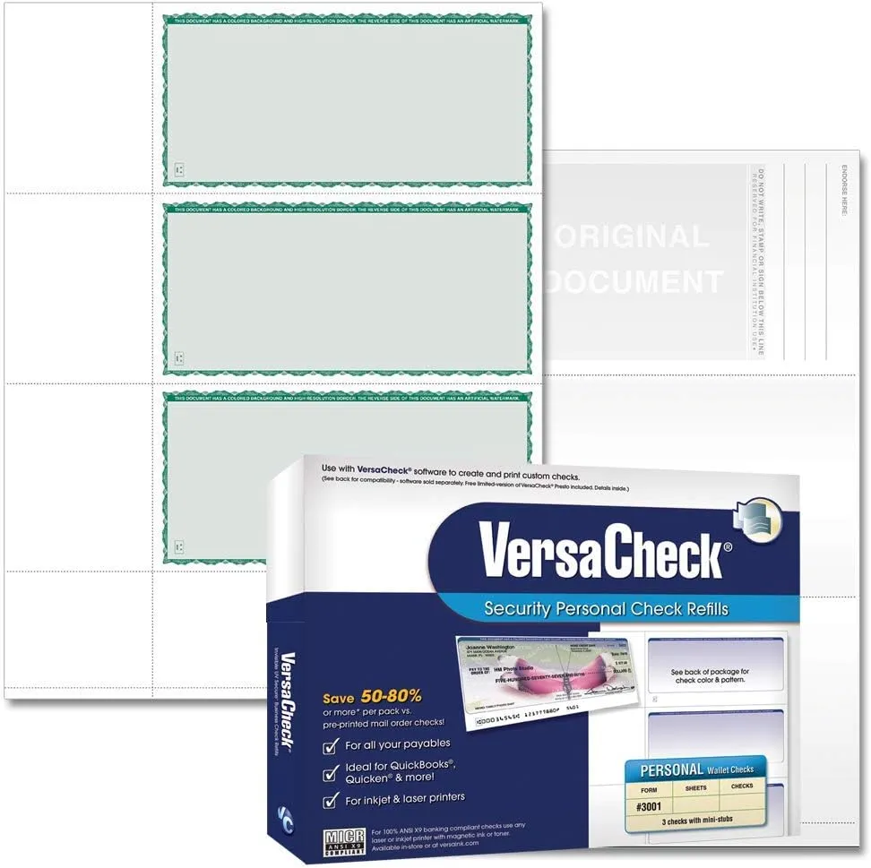 VersaCheck Secure Checks - 750 Blank Business or Personal Wallet Checks - Green Premium - 250 Sheets Form #3001-3 Per Sheet