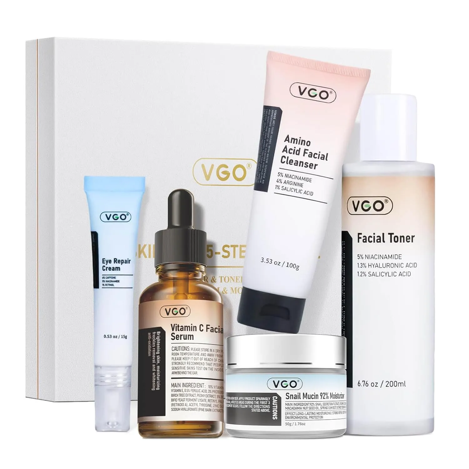 VGO Skin Care Set, Anti-Aging Moisturizing Repairing Soothing Snail Mucin Facial Skin Care Routine Kit for Dry Sensitive Dull Skin, 13.58 Fl Oz