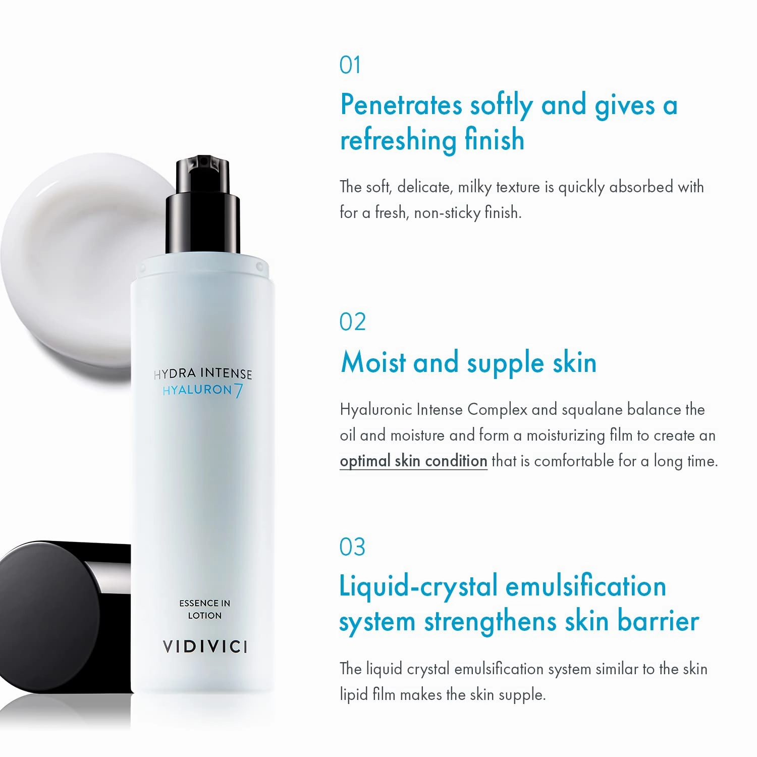 VIDIVICI Hydra Intense Hyaluron7 Essence in Lotion – Intense Moisturizing Milky Face Emulsion with Hyaluronic Acid and Squalene - Non-Oily & Smooth Textured, 3.38 fl.oz.