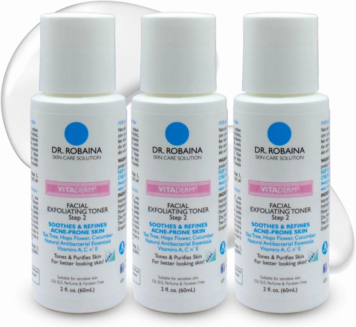VITADERM™ Step 2 Exfoliating Toner for Acne Reduction, Redness Relief & Skin Refinement with Tea Tree, Hops Flower & Vitamins A, C & E, by Dr. Robaina, Made in The USA, 2 fl. oz (Pack of 3)