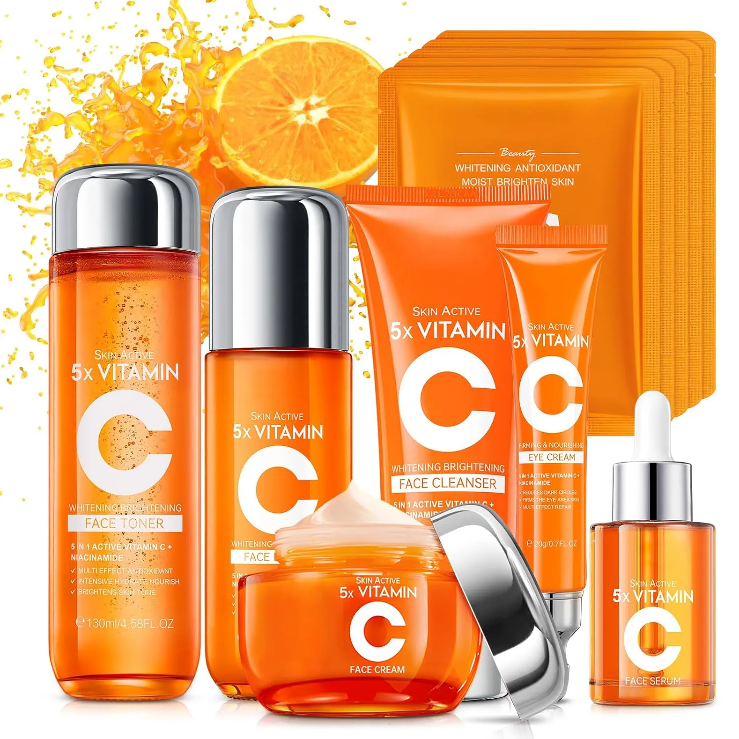Vitamin C Skincare Set for Teenage Girls, 11-Piece Glow Kit with Facial Cleanser, Toner, Eye Cream, Serum, Lotion, Face Cream & Sheet Masks, Anti-Aging Skin Care Kit for Firming & Moisturizing