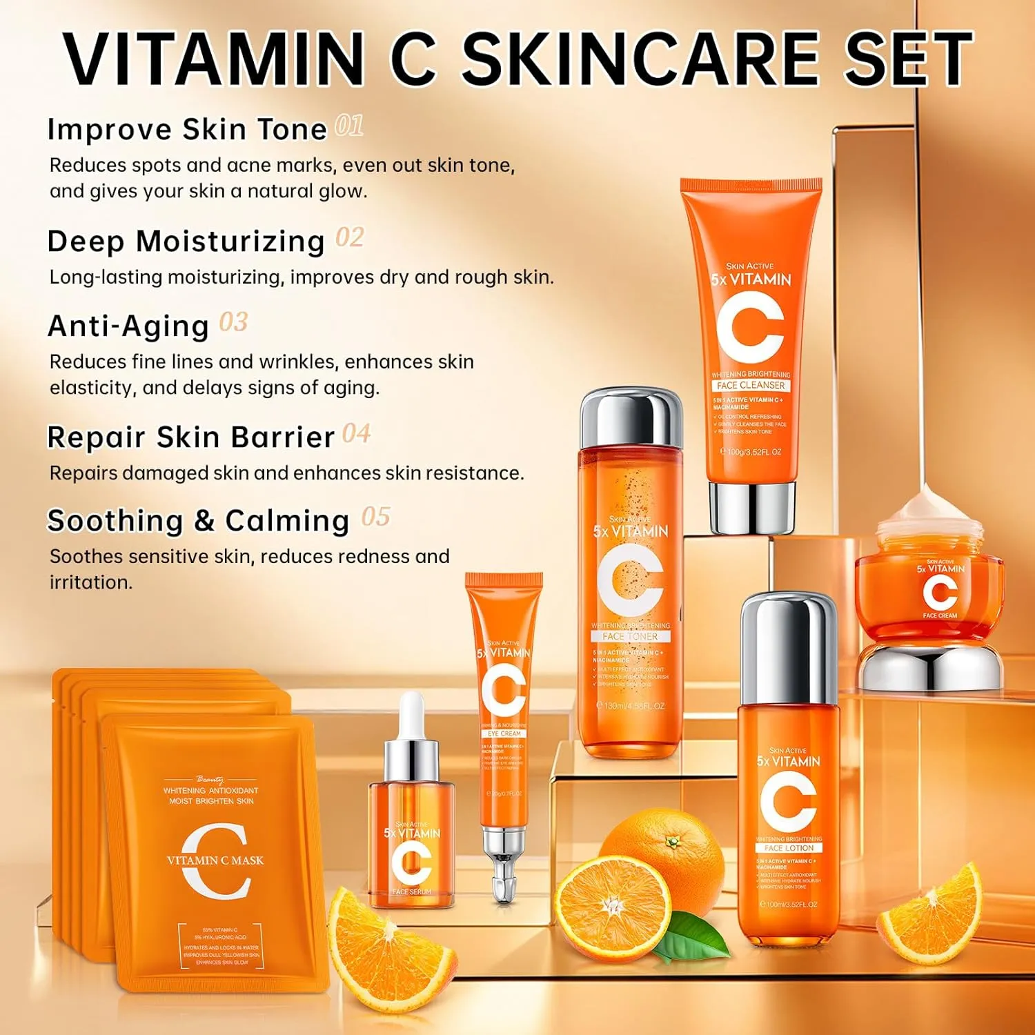 Vitamin C Skincare Set for Teenage Girls, 11-Piece Glow Kit with Facial Cleanser, Toner, Eye Cream, Serum, Lotion, Face Cream & Sheet Masks, Anti-Aging Skin Care Kit for Firming & Moisturizing