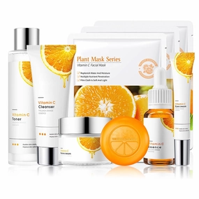 Vitamin C Face Skincare Set,9 Pcs Vitamin C Skin Care Set with 3 Honey Face Masks,Soap Bar, Wash,Toner, Serum, Moisturizer Cream,Eye Cream,Moisturizing Skin Care Kit