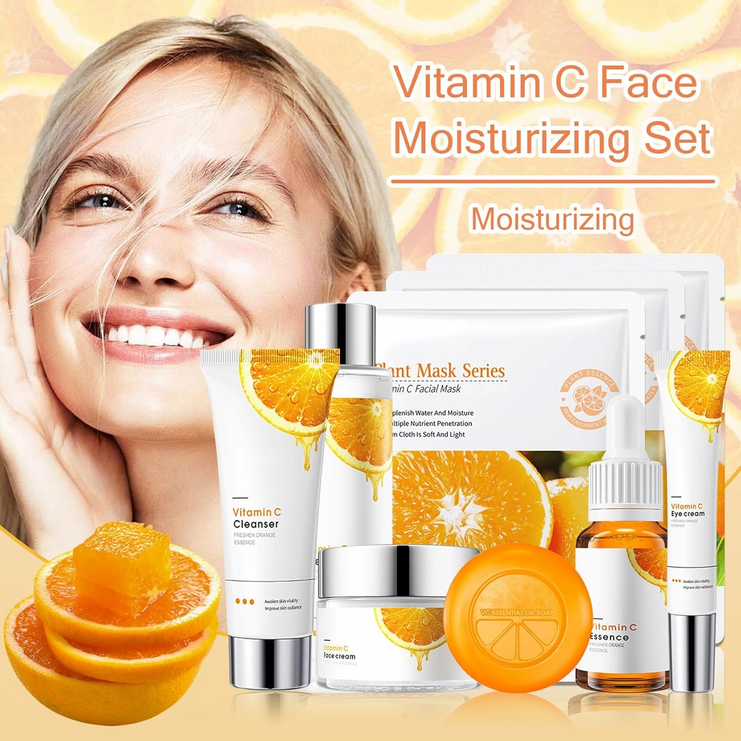 Vitamin C Face Skincare Set,9 Pcs Vitamin C Skin Care Set with 3 Honey Face Masks,Soap Bar, Wash,Toner, Serum, Moisturizer Cream,Eye Cream,Moisturizing Skin Care Kit