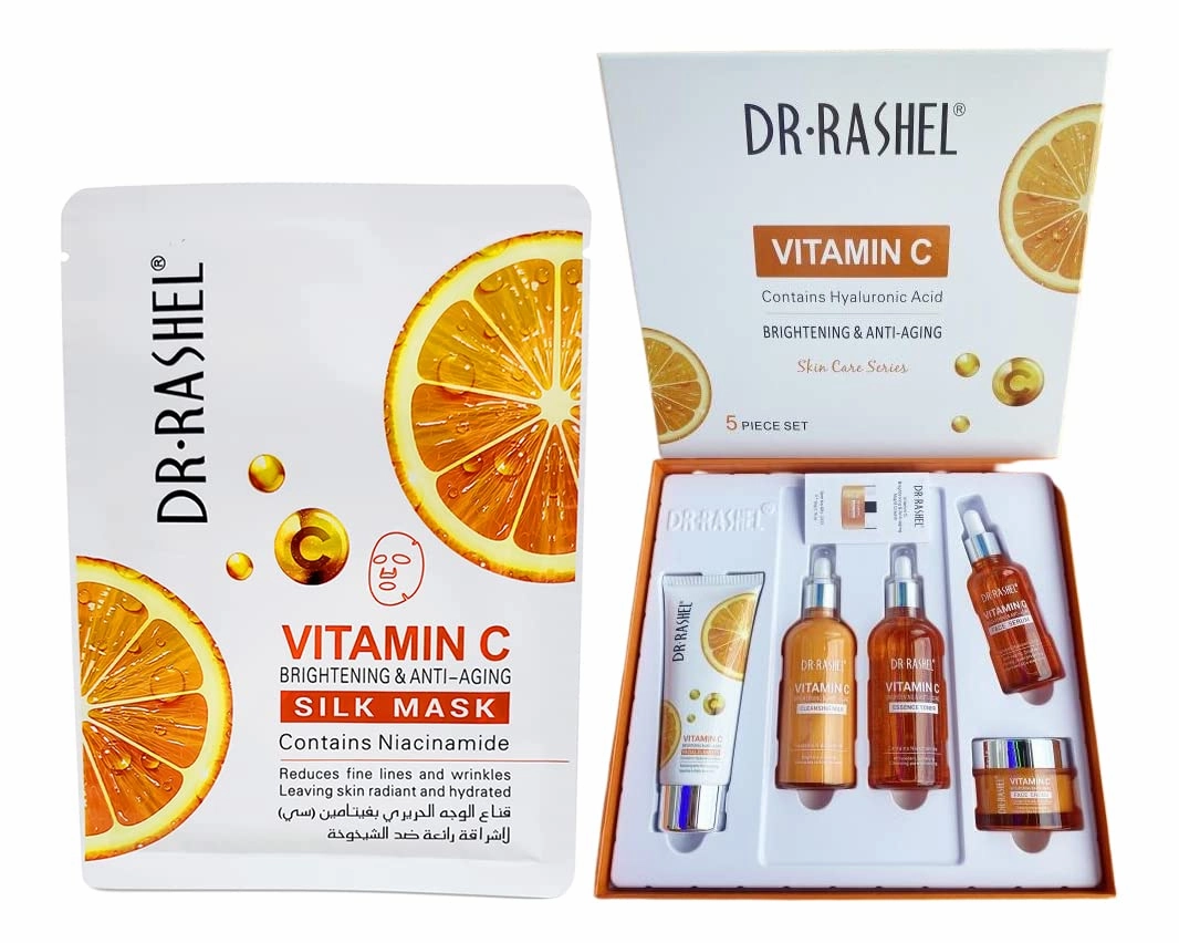 Vitamin C Skin Care Series , Contains Hyaluronic Acid, Anti Aging and Collagen Essence ( Pack Of 5 Piece Set )   1 Pcs of Vitamin C Silk Mask