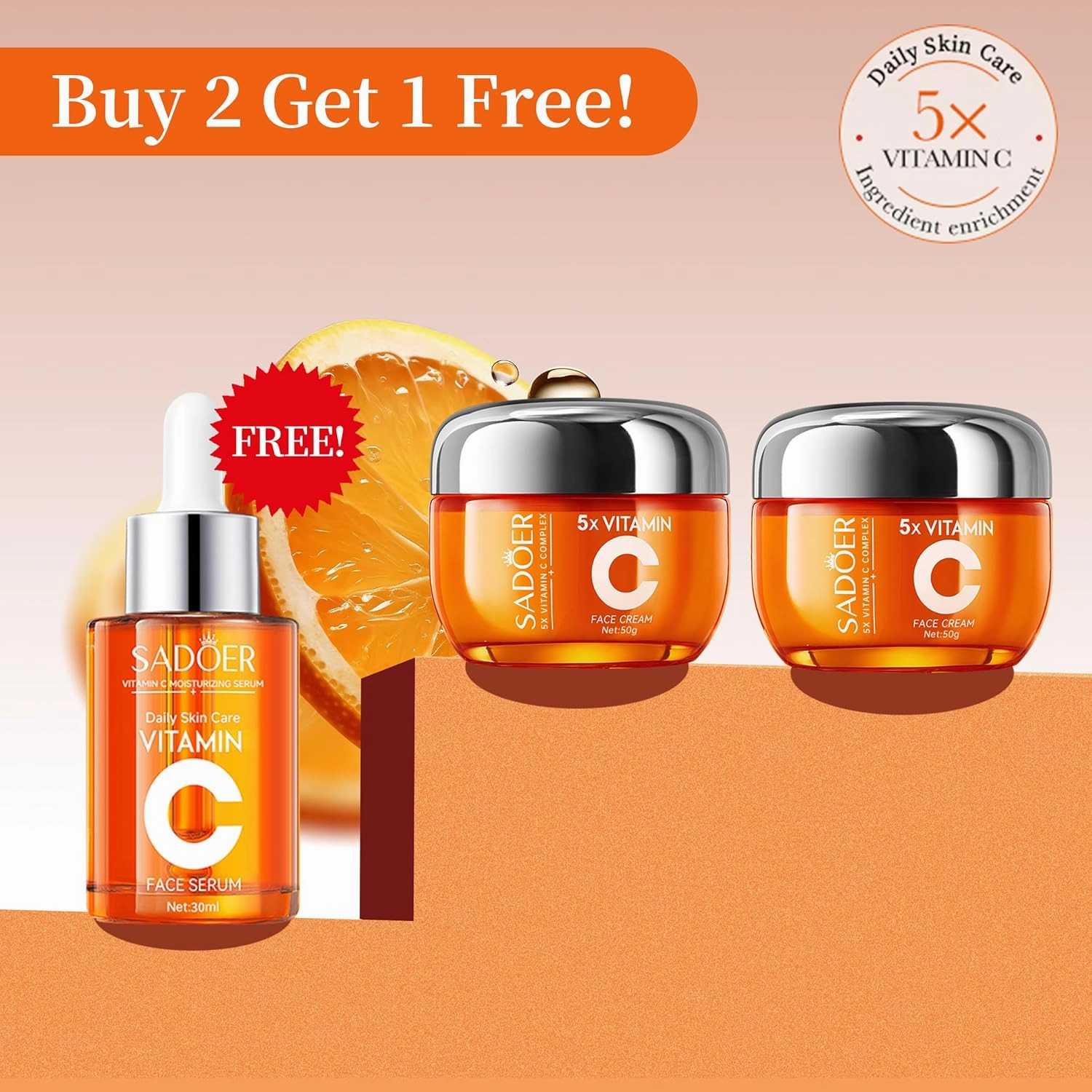 Vitamin C Skincare Kit SADOER 2x Face Cream & 1x Serum with Niacinamide Acid | Advanced Hydrating Moisturizer for Glowing Skin, Dark Spot Care, TikTok Viral Trio Set,Gift for Women