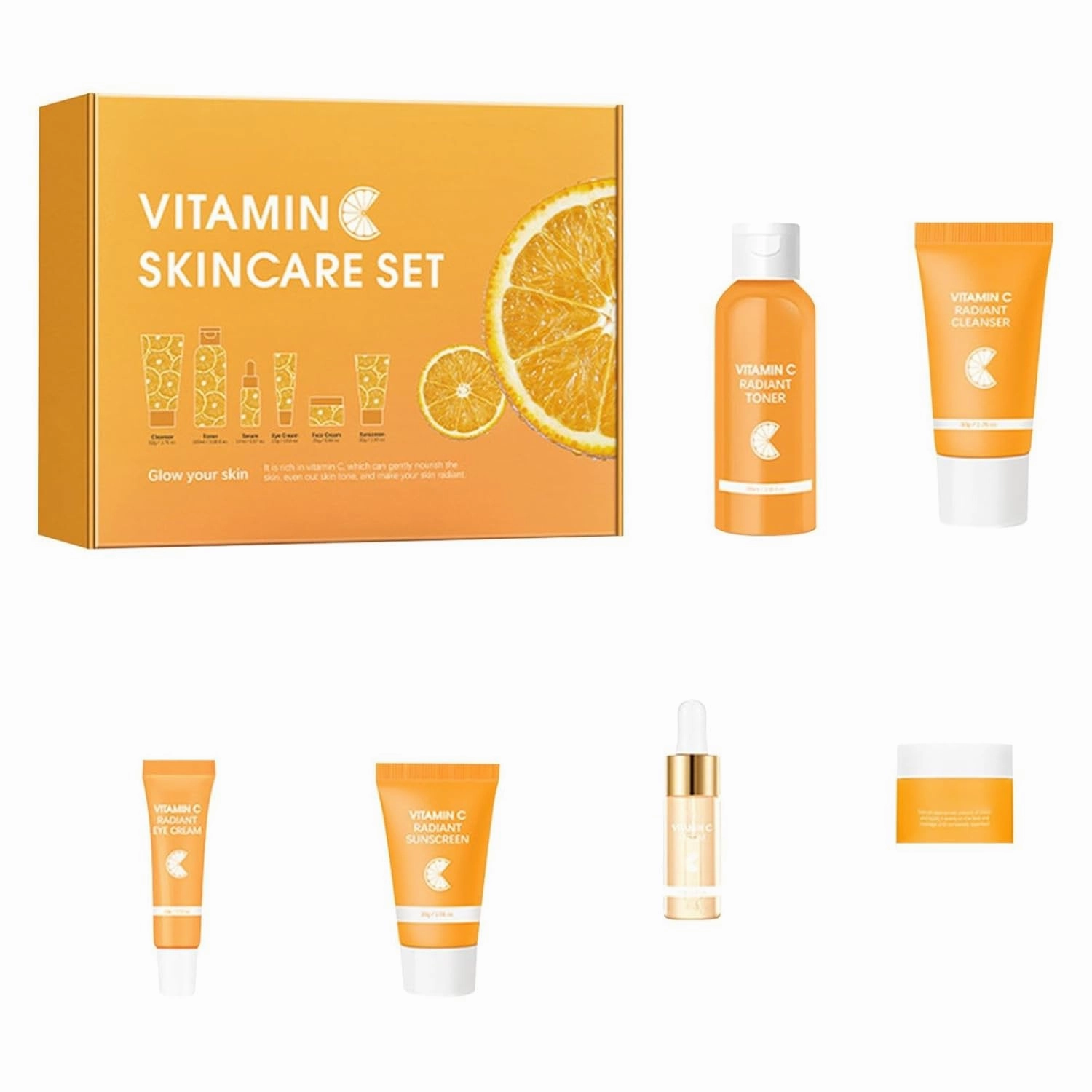 Vitamin C Skincare Set, 6Pcs Skin Care Gift Set, Gentle Skin Cleaning & Care Travel Size Kit With Cleanser, Toner, Face Serum, Eye Cream, Face Cream, Sunscreen (1 Set)