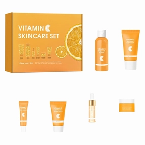 Vitamin C Skincare Set, 6Pcs Skin Care Gift Set, Gentle Skin Cleaning & Care Travel Size Kit With Cleanser, Toner, Face Serum, Eye Cream, Face Cream, Sunscreen (1 Set)