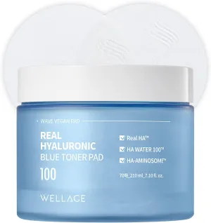 WELLAGE Wellage Real Hyaluronic Blue 100 Toner Pad for Deep Hydration and Gentle Exfoliation - Korean Daily Moisturizing and Soothing Facial Pads with High Purity of Hyaluronic Acid, 70pads