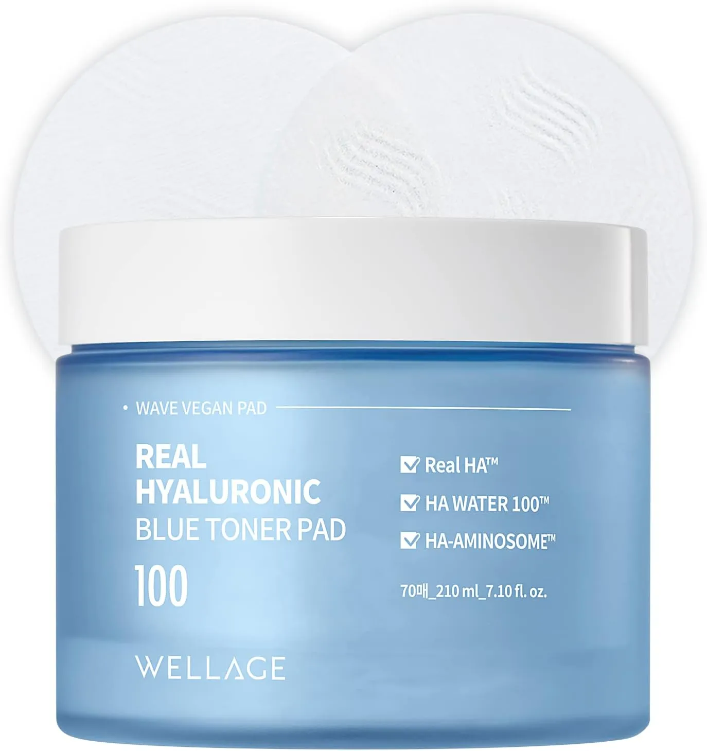 WELLAGE Wellage Real Hyaluronic Blue 100 Toner Pad for Deep Hydration and Gentle Exfoliation - Korean Daily Moisturizing and Soothing Facial Pads with High Purity of Hyaluronic Acid, 70pads