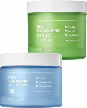 WELLAGE Real Hyaluronic Blue Toner Pad, 70 Pads   CICA Calming Pore Tightening Exfoliating Toner Pads, 70 Pads Bundle