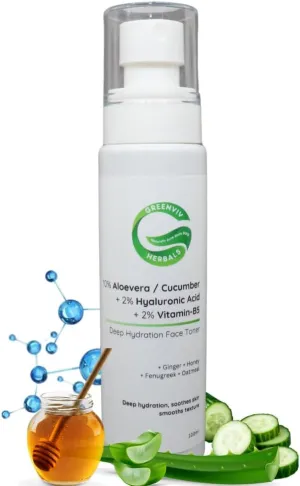 WF Herbals Deep Hydration Face Toner, 10% Aloe Vera & Cucumber, 2% Hyaluronic Acid, 3.4 fl oz