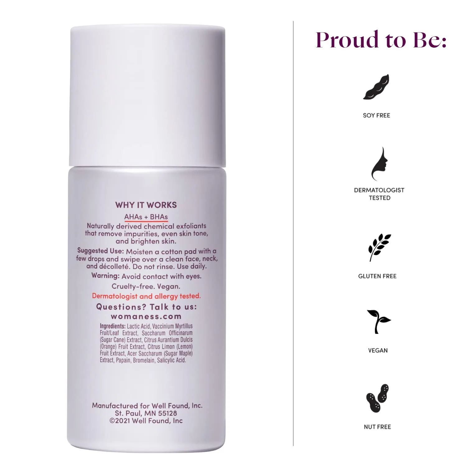 Womaness Brighten Up Face Exfoliating Toner – Hydrating AHA BHA Exfoliant for Women w/Brightening PHA – Gentle Pore Cleaner for Dark Spots, Dullness & Dry Skin – Skin Toner & Liquid Exfoliant – 3.4oz