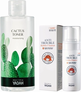 Yadah Cactus Toner 7.1 Fl Oz & Anti Trouble Bubble Cleanser 5.07 Fl Oz Vegan Hypoallergenic Moisturizing Skin Care Facial Cleanser with Salicylic Acid for Acne and Sensitive Skin